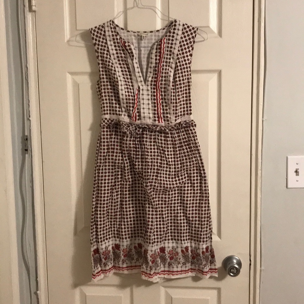 Red and white patterned dress